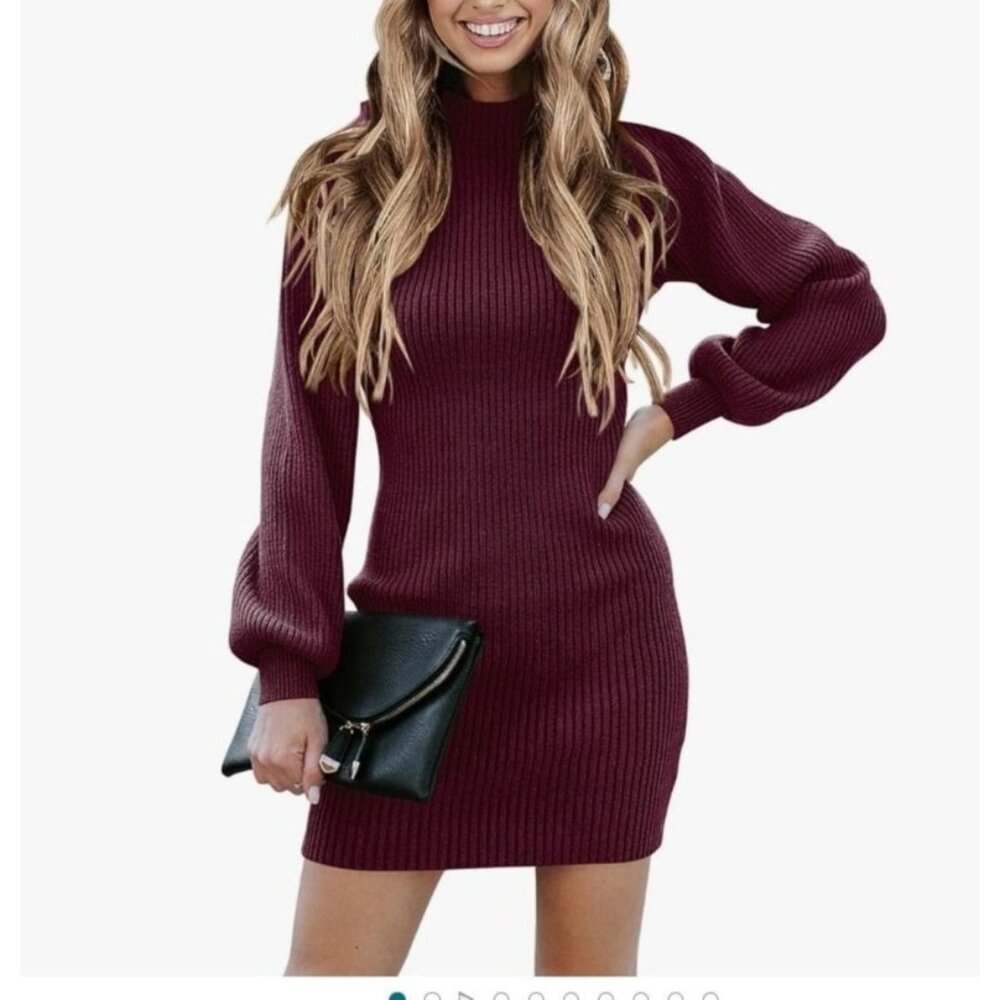 Anrabess Womens Ribbed Knit Sweater Dress Long Sleeve Bodycon Burgundy Size L